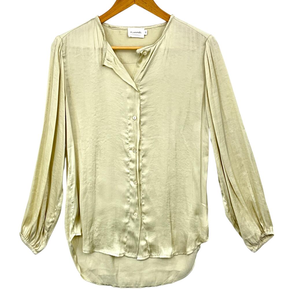 Flannel Australia Top Womens 0 Champagne Satin Button Front Blouse Long Sleeve